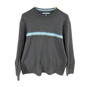 X9 Mens Crewneck Sweater Large Charcoal Grey Blue Chest Stripe Knit Pullover